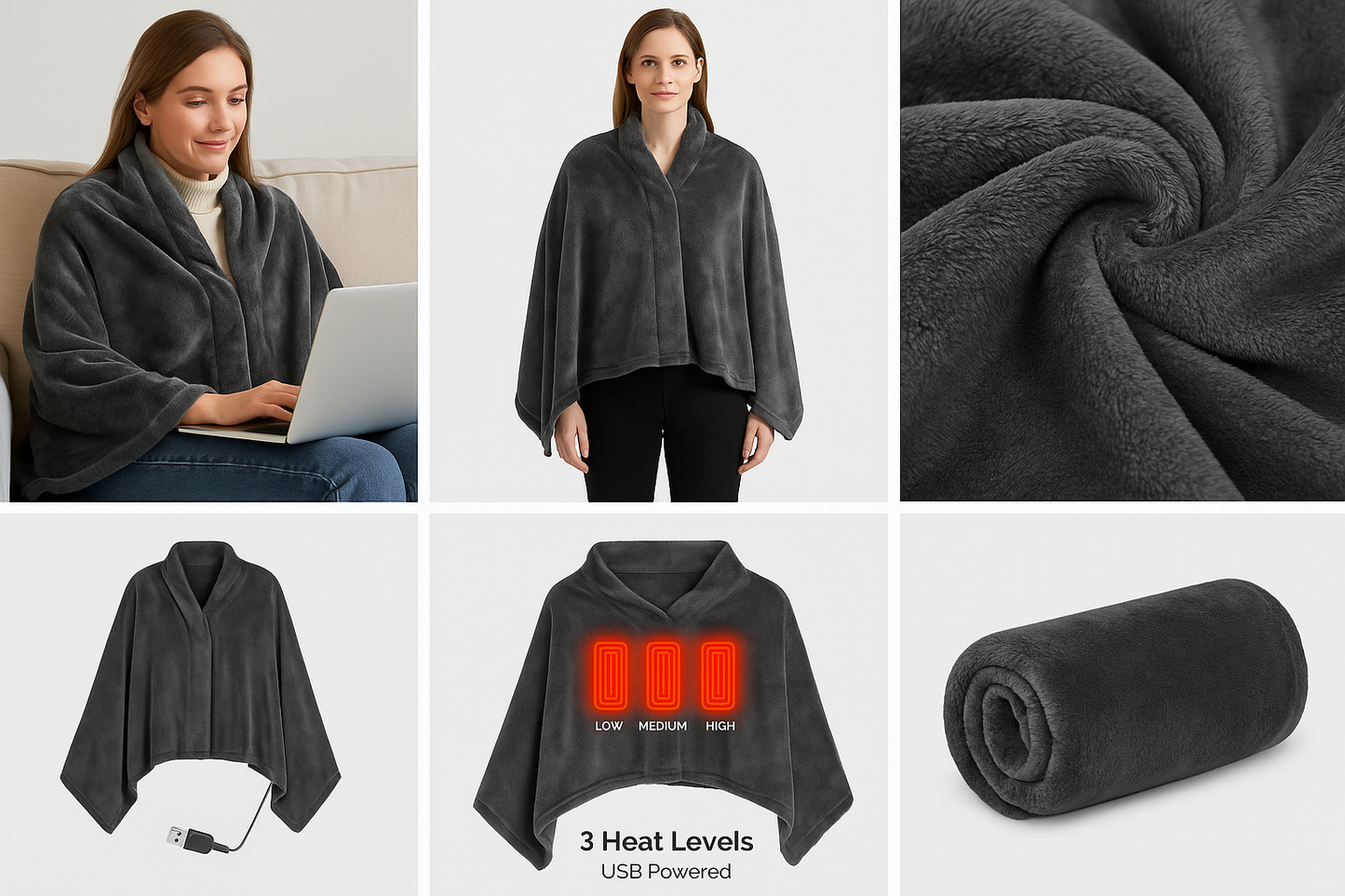 Comfort Cove – USB Heated Fleece Shawl Blanket (3-Level Portable Body Warmer Cape)